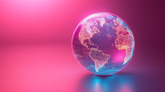 A holographic, 3D render of a globe with a shiny pink and blue gradient background. This image is suitable for websites and blogs about technology, global communication, and international business.

