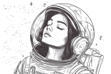 Vintage line art drawing of a woman in an astronaut helmet exploring the cosmos with stars and unknown planets around her against a neutral background