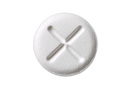 White pill with embossed cross symbol, isolated on white background