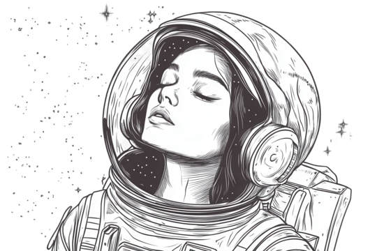 Vintage line art drawing of a woman in an astronaut helmet exploring the cosmos with stars and unknown planets around her against a neutral background