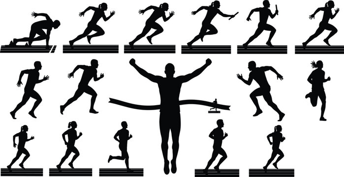 Running athlete silhouettes, sprinting, marathon, track race, relay baton, finish line, jogging, sports competition, fitness training, vector illustration design - Powered by Adobe