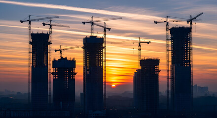 Urban construction twilight: Cranes silhouetted against vibrant sunset with structures rising into the colourful evening sky, symbolizing industrial