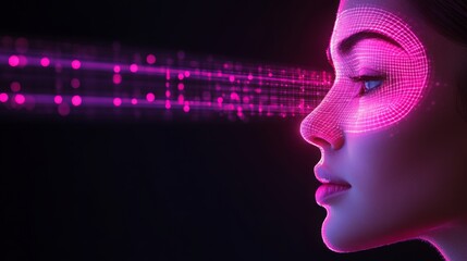 A captivating digital illustration of a woman's profile with glowing magenta light rays emanating from her eye. This image is suitable for websites and blogs related to AI, technology, biometrics
