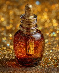 Amber glass dropper bottle, golden accents, sparkling background