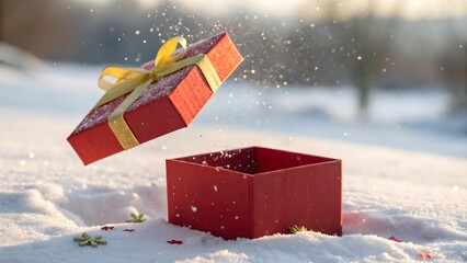 Naklejka premium Red Gift Box with Golden Ribbon Exploding in Snow Winter Festive Background