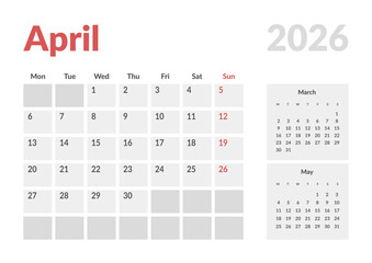 Monthly page Calendar Planner Template design of April 2026. Vector layout of calendar with week start Monday for Scheduling. Page for size A4 or 21x29.7 cm