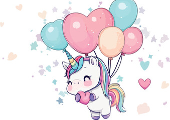 Adorable cartoon unicorn with rainbow mane and tail holding a bunch of colorful heart and round balloons