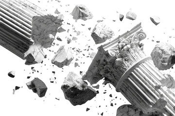 A large column is in the middle of a pile of rubble