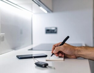 Fototapeta premium Planning at Home: Keys, Phone, and Notepad on White Counter