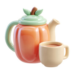 Cute Pumpkin Teapot  Cup with Autumn Drink, and 3D Render.
