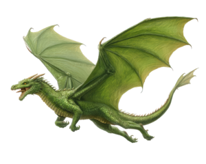 Green dragon fantasy creature with large wings, detailed scales, and fierce expression, flying in midair, mythical animal illustration, magical and powerful presence