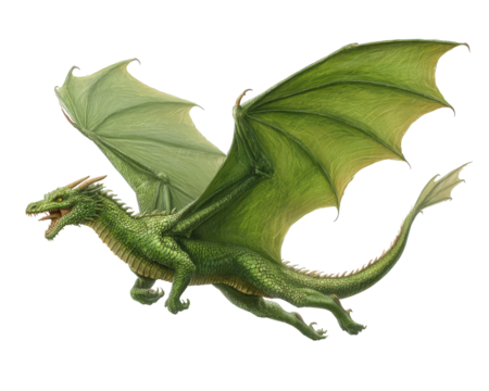 Green dragon fantasy creature with large wings, detailed scales, and fierce expression, flying in midair, mythical animal illustration, magical and powerful presence