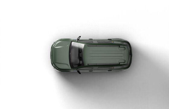 Realistic 3D render of a military green 2025 Citroen C3 Aircross, top-down 90-degree view, transparent background.