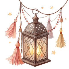Elegant Ramadan lantern with tassels and stars, perfect for festive greetings and warm wishes during the holy month celebrations © Youru