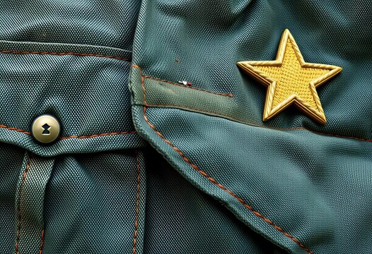 Close-up of faded, textured military uniform fabric showing wear and insignia,  uniform detail,  button