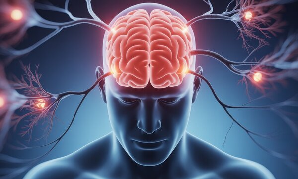 3D anatomical illustration of a human head with highlighted brain and nervous system - Powered by Adobe