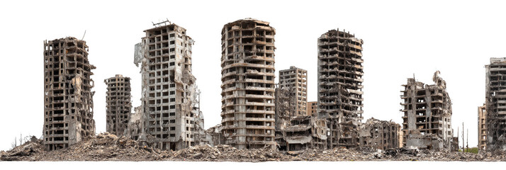 A city skyline with many buildings in ruins