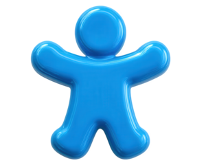 Blue hologram person icon with glossy finish, straight side view, isolated transparent background, modern digital style, cheerful and playful expression, suitable for technology or user interface