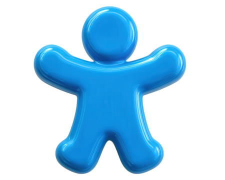 Blue hologram person icon with glossy finish, straight side view, isolated transparent background, modern digital style, cheerful and playful expression, suitable for technology or user interface - Powered by Adobe