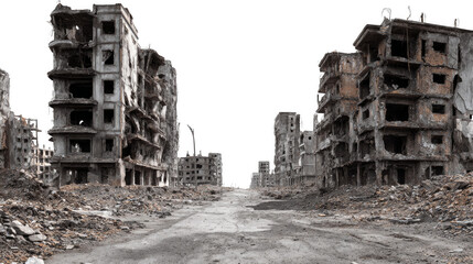 A desolate cityscape with a large, empty road in the middle