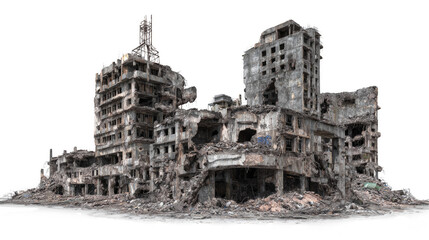 A large, dilapidated building with a lot of debris and rubble