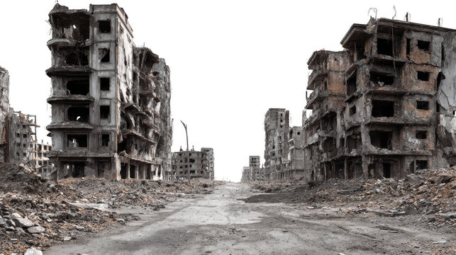 A desolate cityscape with a large, empty road in the middle
