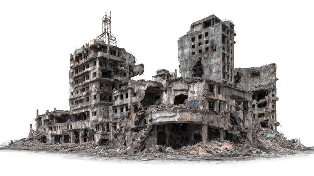 A large, dilapidated building with a lot of debris and rubble