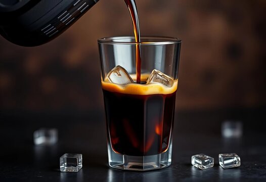 Dark coffee pouring over ice in a glass, creating a refreshing iced latte, process, cold