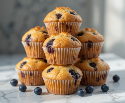 A delicious pyramid stack of freshly baked homemade blueberry muffins with fresh berries on a marble kitchen counter - Powered by Adobe
