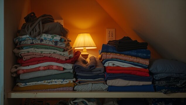 Stacks of folded clothes in a dimly lit attic closet, illuminated by a warm-toned table lamp. - Powered by Adobe