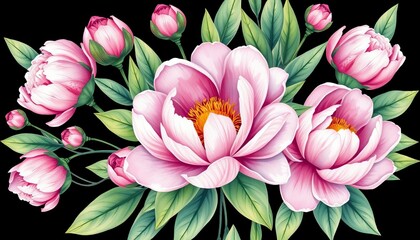 Obraz premium Watercolor peony buds & leaves seamless pattern Elegant hand-drawn floral design, abstract, botanical, pastel, botanical