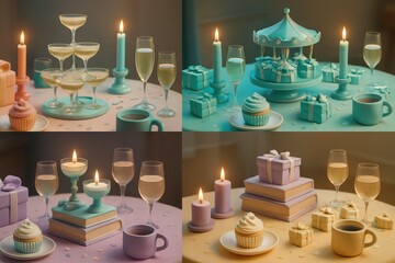 Colorful Elegant Dessert Table with Candles and Champagne Glasses for Celebration