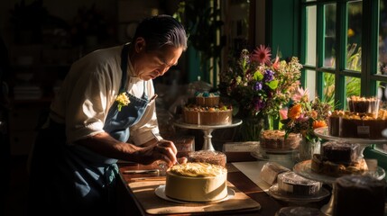 A baker adding final touches to a cake with creamy frosting in a welcoming bakery, sunlight streaming through the windows onto displays of baked goods