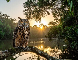 Owl Perched at Dawn: Tranquil Wildlife Scene