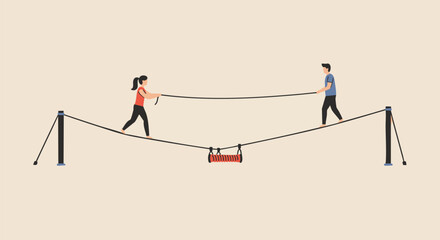 Concept of teamwork and partnership with a man and woman finding balance together on a difficult tightrope walk illustration