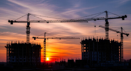 Urban horizon development at sundown showcasing structural framework of contemporary architecture with cranes reaching for a vibrant twilight sky