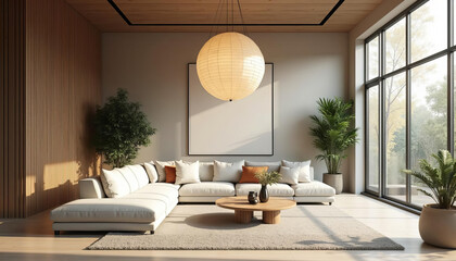 Fototapeta premium Modern living room with large windows and paper lantern light 