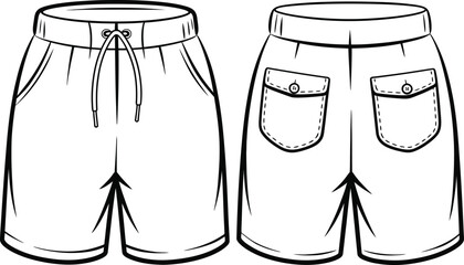 Front and back view of black and white outline shorts with double pockets