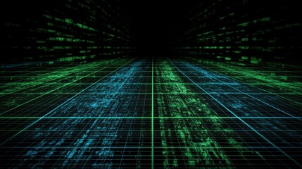 Animated-like digital matrix with luminous green and blue code lines flowing over a dark virtual grid