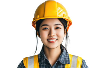 Smiling female asian engineer wearing a yellow hard hat and safety vest in an office setting with natural lighting during the day