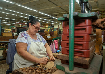 Skilled female artisan sorting and arranging tobacco leaves for handcrafting premium cigars inside traditional cuban habanos manufacturing workshop