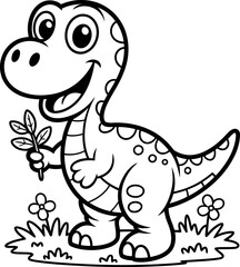 Adorable Cartoon Dinosaur Holding Leaf, Happy, Black and White Illustration