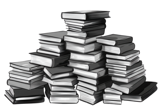 Stacks of black and white books piled together in a monochrome illustration showcasing literary abundance and texture