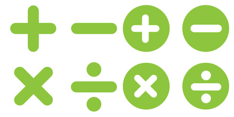 Obraz premium Four basic mathematical operation symbols plus minus multiply and divide. Addition, subtraction, multiplication, division sign, icon symbol. eps 10