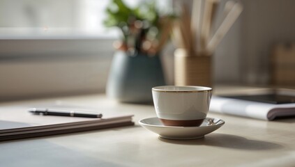 A light-filled, tranquil office scene with a cup of coffee, a pen, and papers on a light-beige table.