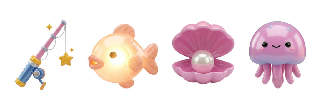 Colorful cartoon-style ocean-themed objects including a fishing rod, fish, clam with a pearl, and jellyfish.