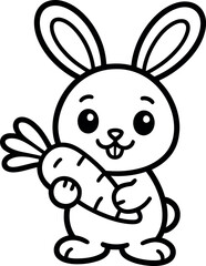 Adorable Cartoon Bunny Holding Carrot:  Black and White Line Art Illustration