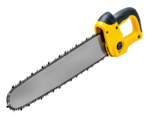 Electric chainsaw, yellow and black handle, sharp metal blade, isolated on transparency background, tool for cutting wood, industrial equipment, powerful and modern design