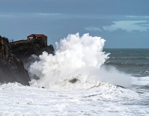 Powerful ocean waves crashing against a rocky cliff with a building on top.