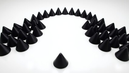 Arrangement of black cone shaped objects forming a semi circle on a white surface with one cone in front